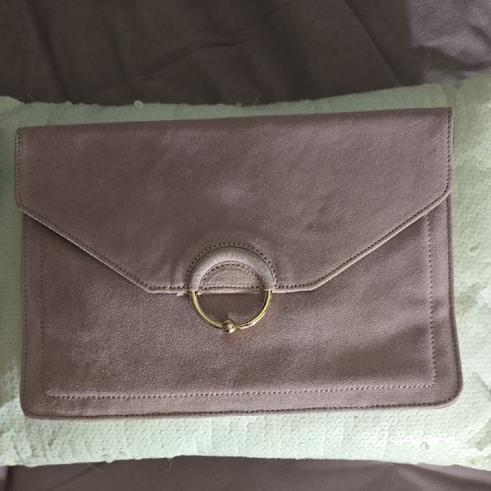 Elegant Dusty Rose Suede Clutch with Gold Ring Accent